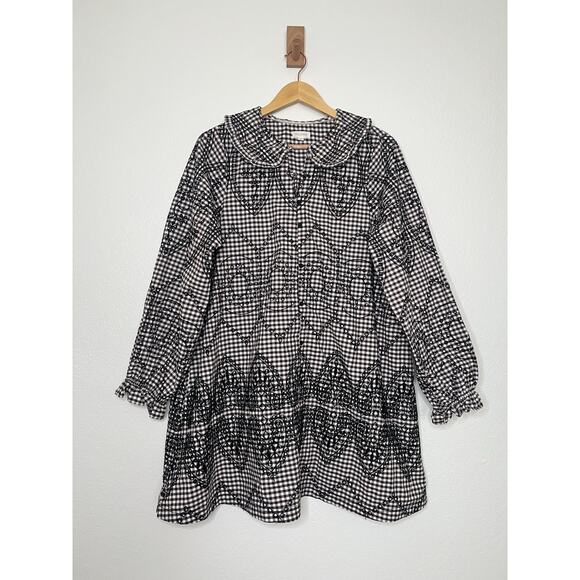 Anthropologie Pilcro Keira Long Sleeve Shirt Dress Brown Gingham Black Embroider - Picture 2 of 9